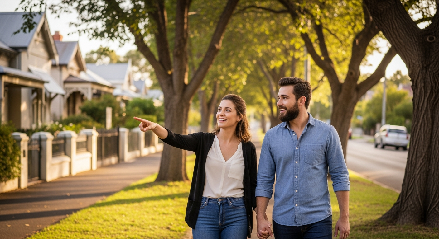 Young couple looking at house listings on tablet, excited about first home purchase in Adelaide